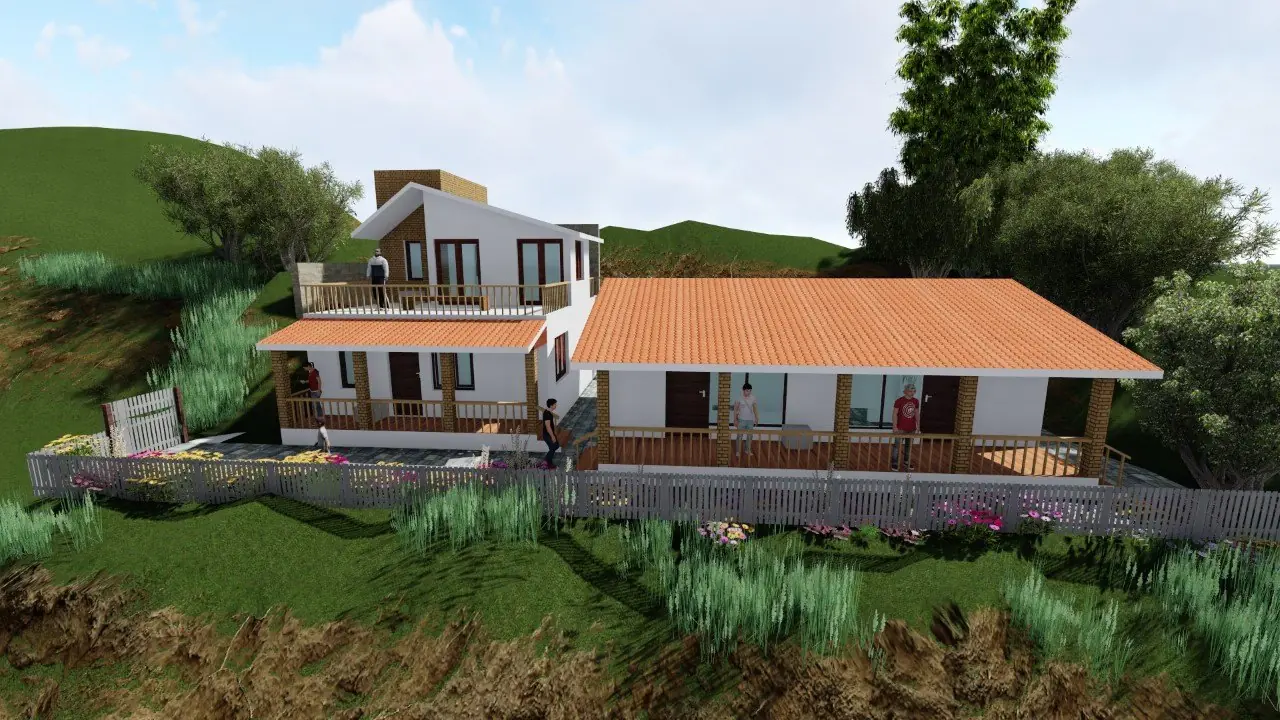 A drawing of The Tamarillo: the two-storey building on the left with the Balcony room above the Garden View room, and the long building on the right with the two Corridor rooms